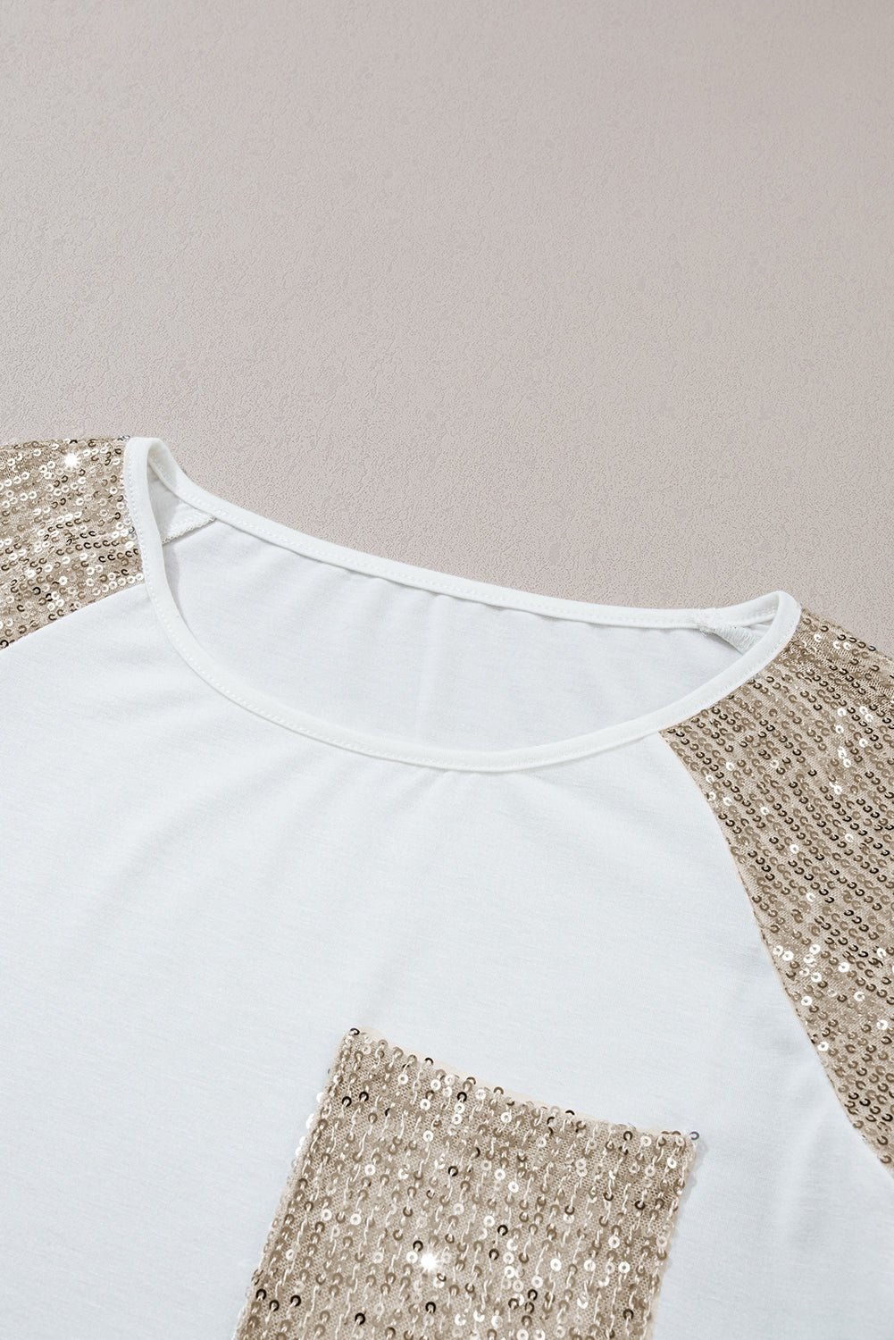 White Sequin Patch Chest Pocket Raglan Sleeve Top