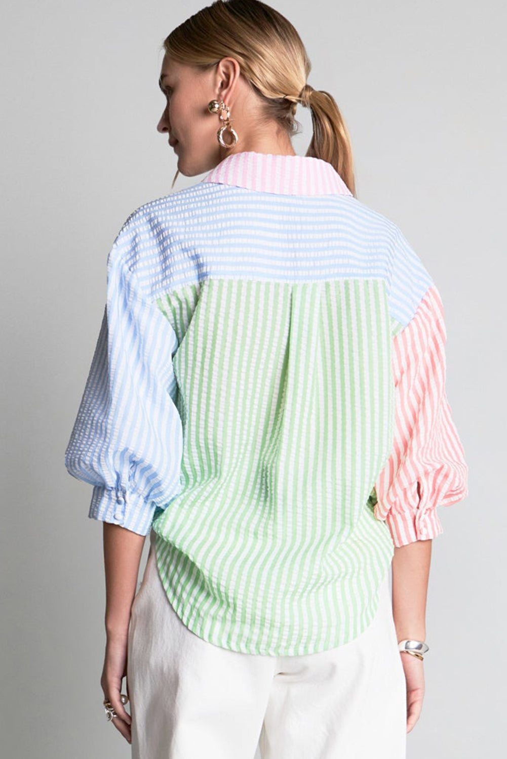 Pink Stripe Color Block Balloon Sleeve Button Loose Fit Shirt