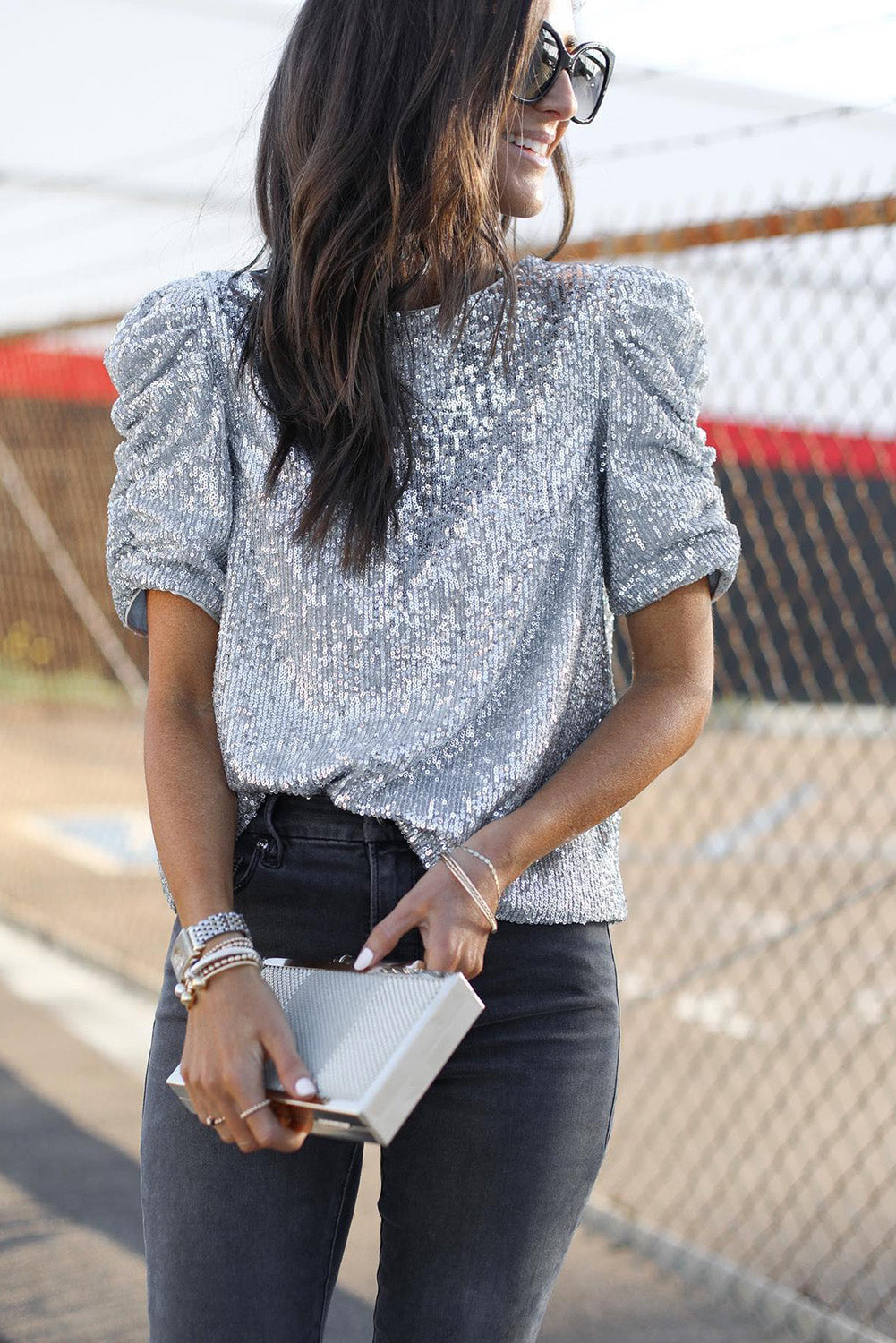 Silvery Ruched Puff Sleeve Sequins Short Sleeve Shirt