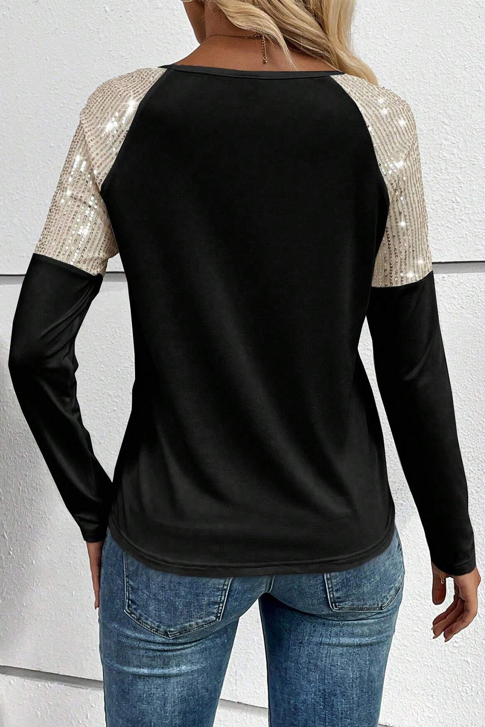 Black Sequin Patch Chest Pocket Raglan Sleeve Top