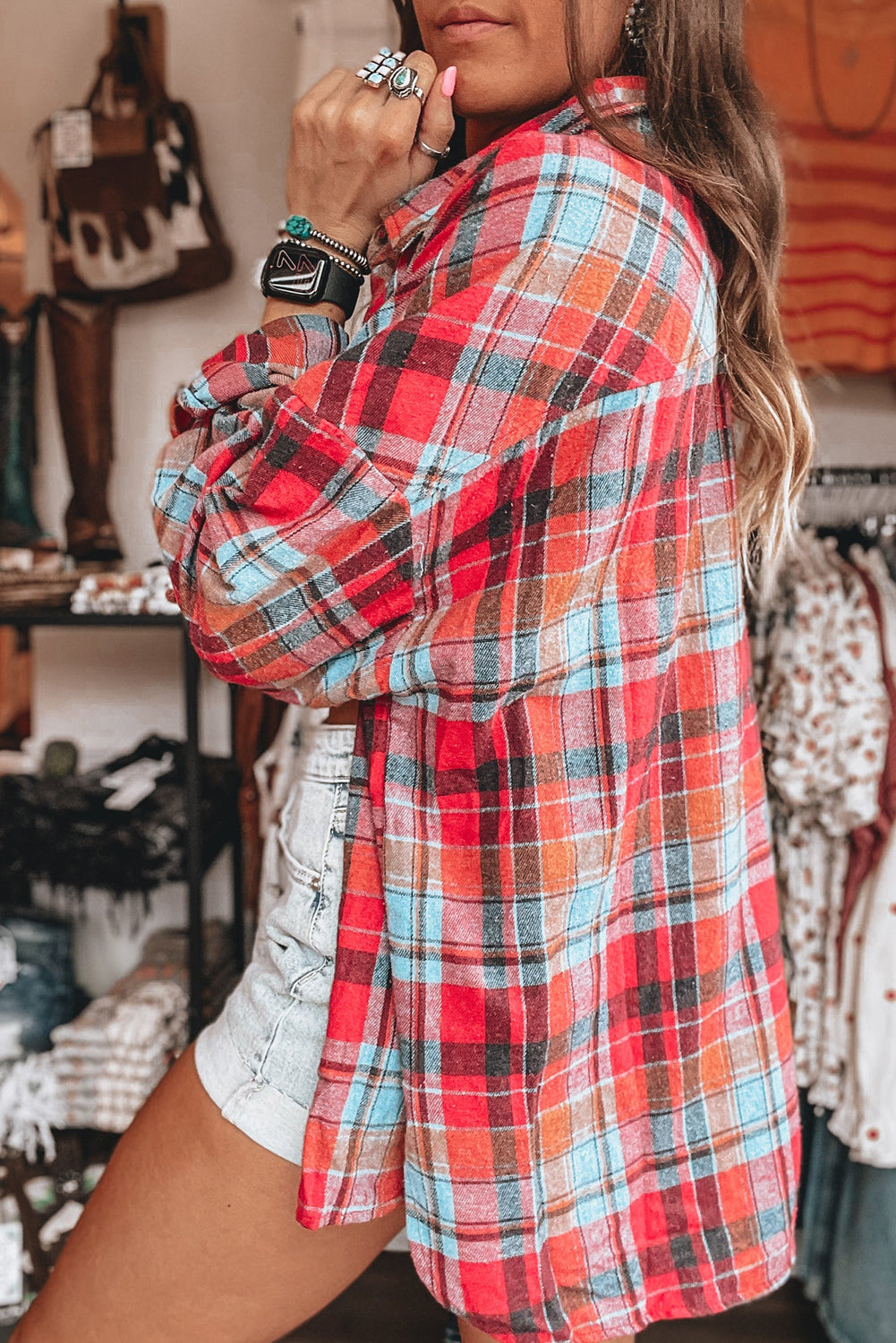 Orange Plaid Print Pocket Loose Shirt