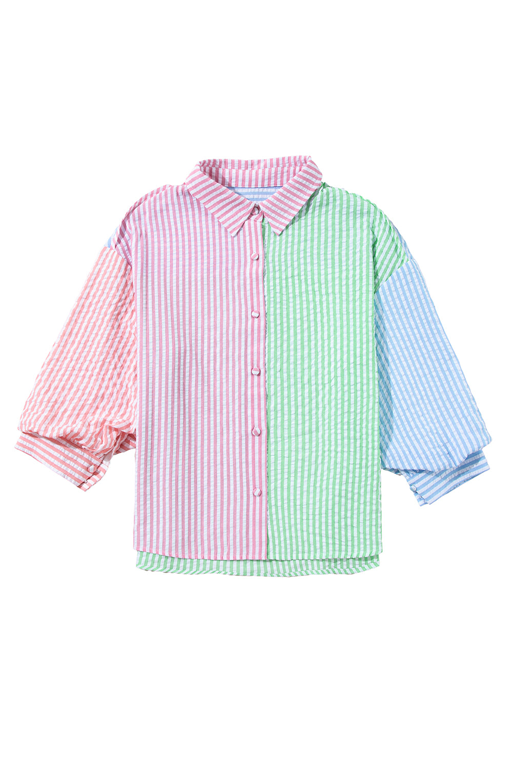 Pink Stripe Color Block Balloon Sleeve Button Loose Fit Shirt