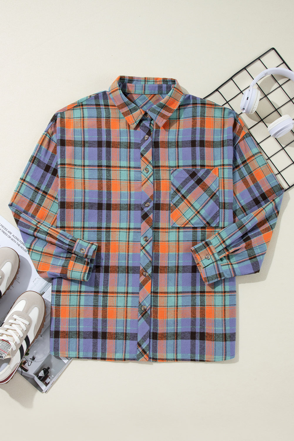 Orange Plaid Print Pocket Loose Shirt