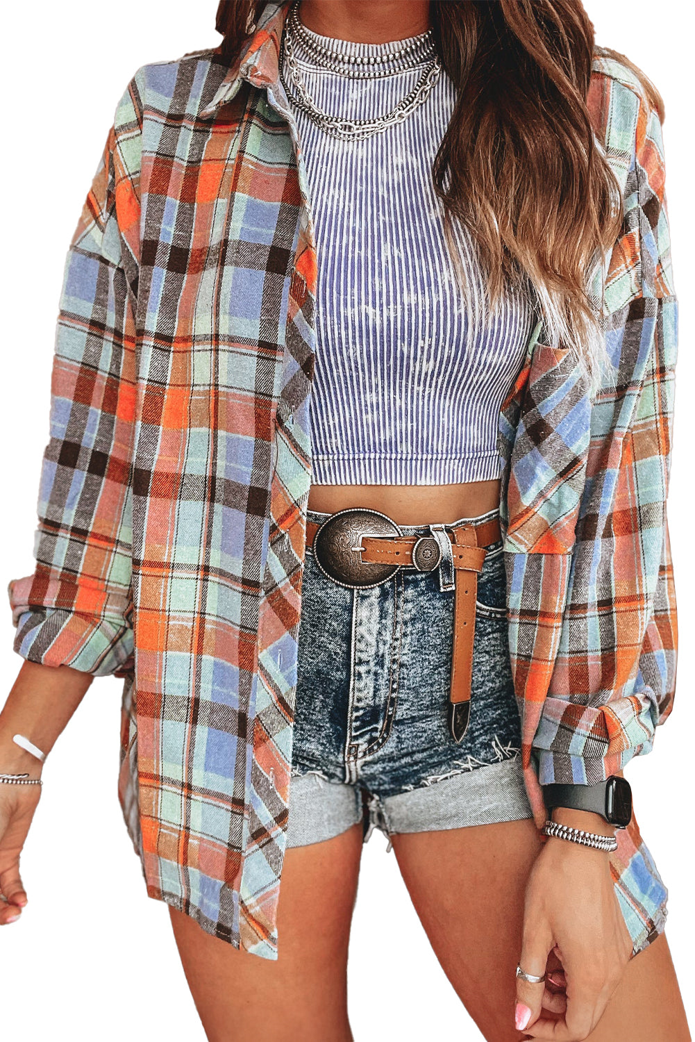 Orange Plaid Print Pocket Loose Shirt