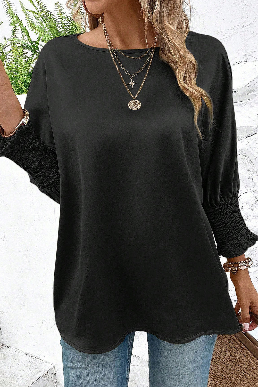 Smoke Gray Smocked Dolman Sleeve Satin Blouse