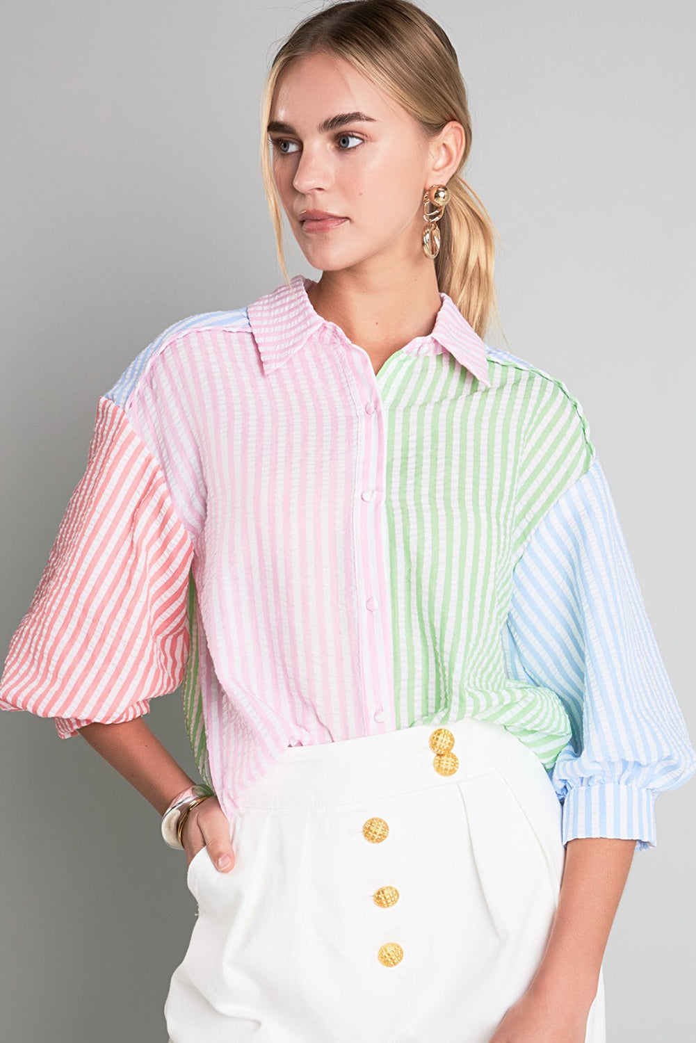 Pink Stripe Color Block Balloon Sleeve Button Loose Fit Shirt