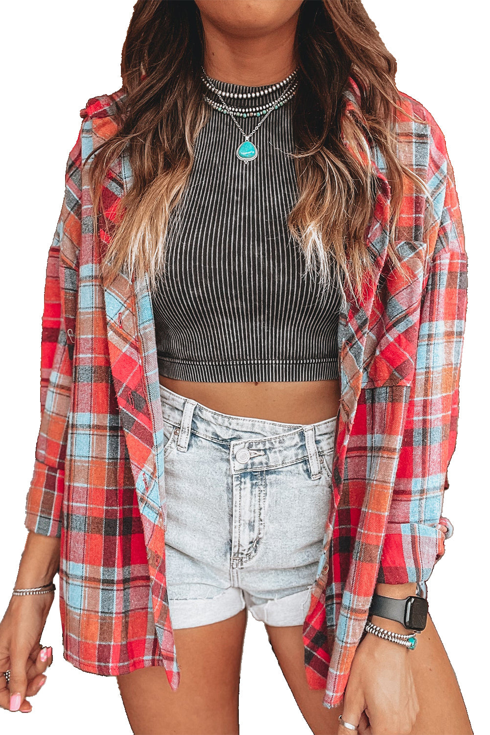 Orange Plaid Print Pocket Loose Shirt