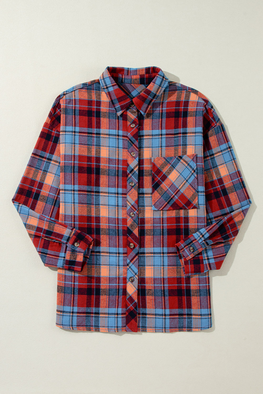 Orange Plaid Print Pocket Loose Shirt