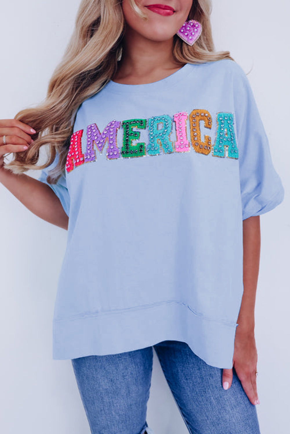 Mist Blue AMERICA Letter Patched Split Loose T Shirt