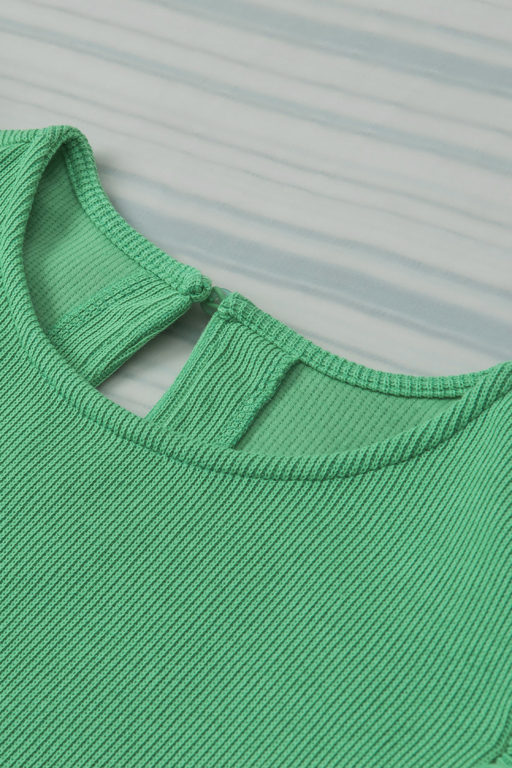 Green Solid Color Ruffle Sleeve Ribbed Blouse