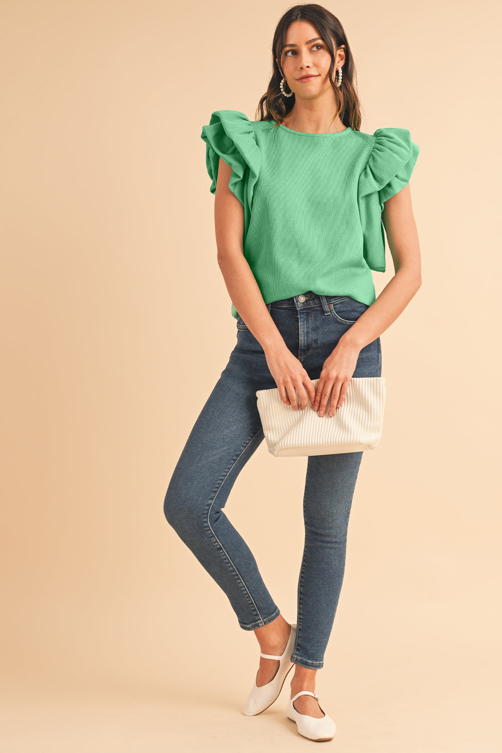 Green Solid Color Ruffle Sleeve Ribbed Blouse